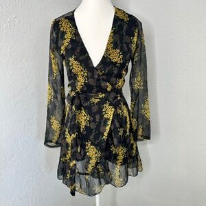 LUXXEL Black Floral yellow sunflower  Long Sleeve sheer Wrap Dress women size SM